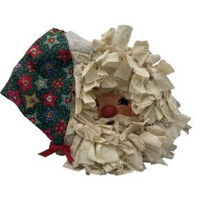 Vintage Handmade Santa Claus Head Decor With Ragged Cotton Beard & Fabric Hat